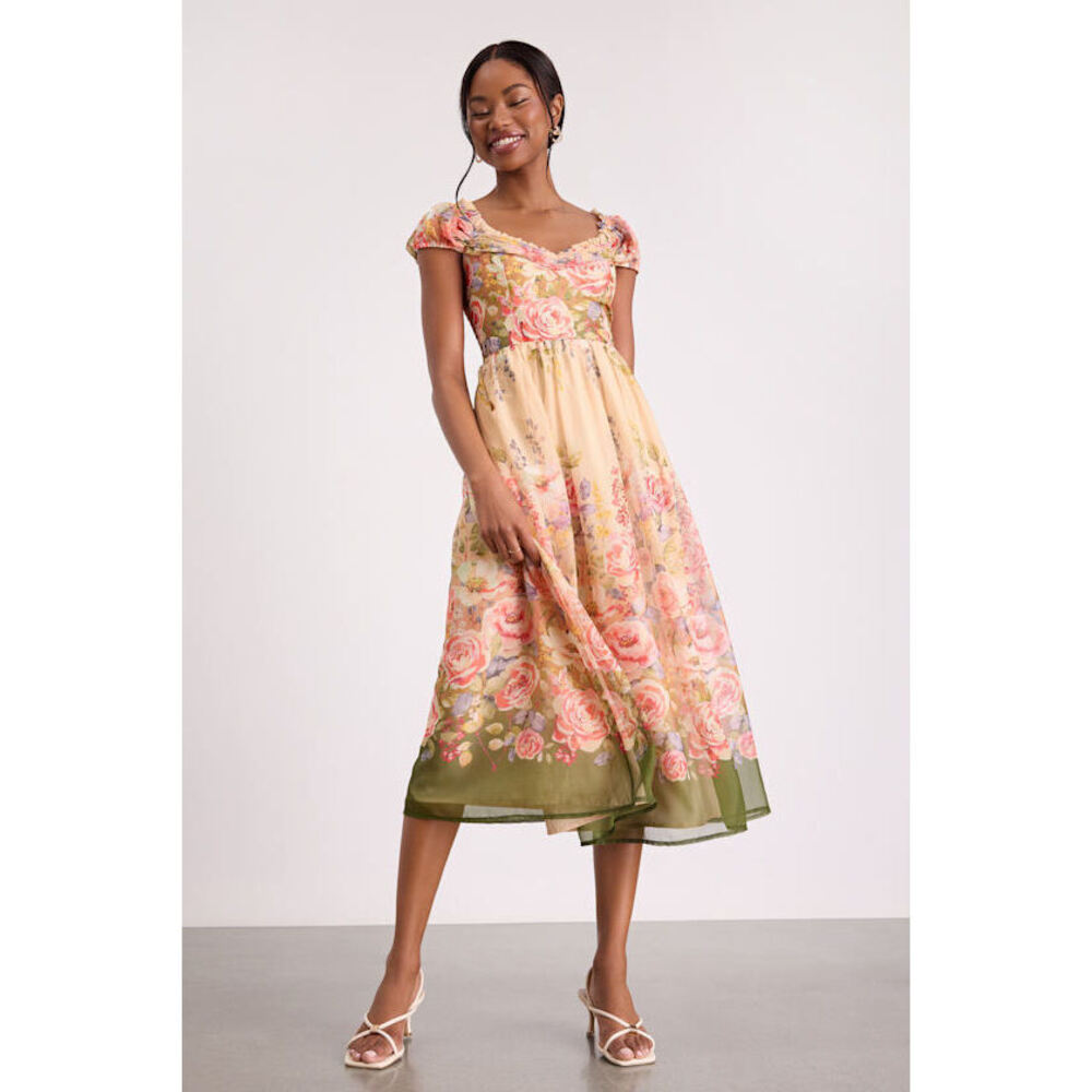 Lulus Celosia Peach Multi Floral Cap Sleeve Midi Dress Pink - Size S